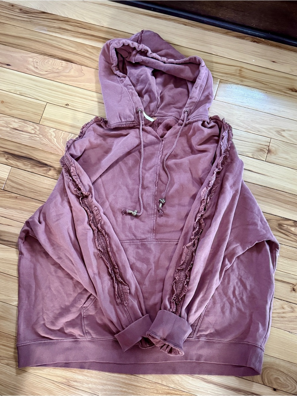 Free People XOXO Ruffle-Trim Hooded Sweatshirt in Mauve Pink
